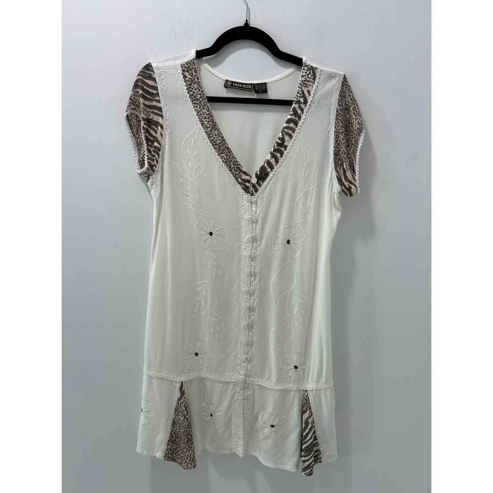 Raya Sun White Embroidered Animal Print Button Front Tunic Mini Dress Womens L